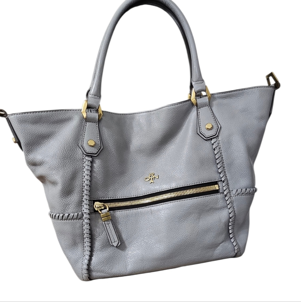 Oryany Gray Pebbled Leather Bucket Satchel Crossbody | Whipstitch Detail | EUC - Picture 6 of 12